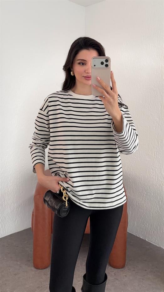 Siyah Çizgili Likralı Uzun Kollu Basic