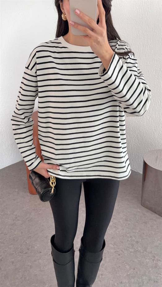 Siyah Çizgili Likralı Uzun Kollu Basic
