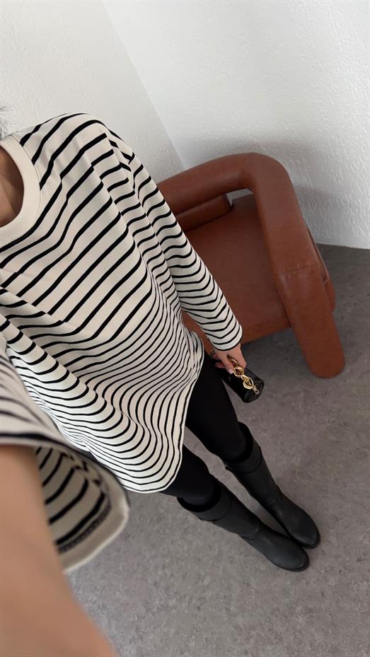 Siyah Çizgili Likralı Uzun Kollu Basic