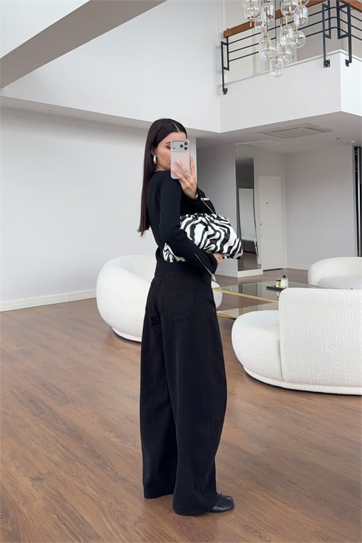 Siyah Soft Barrel Denim Pantolon