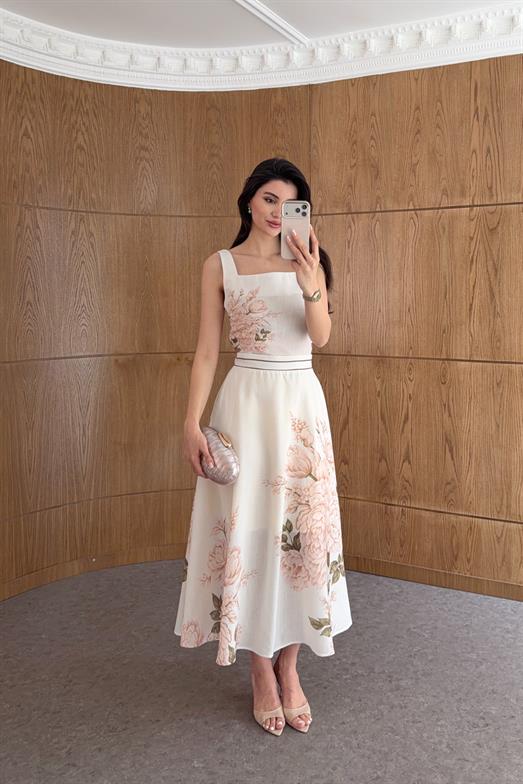 Soft Ton Çiçek Desenli Crop Bluz-Etek Takım