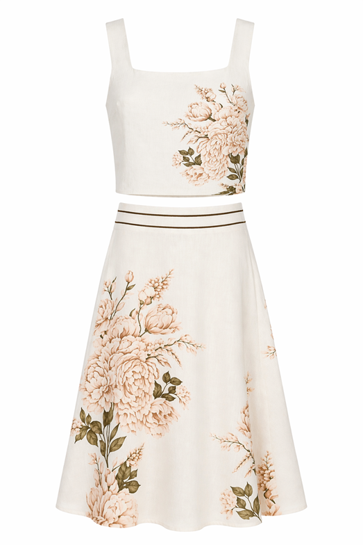 Soft Ton Çiçek Desenli Crop Bluz-Etek Takım