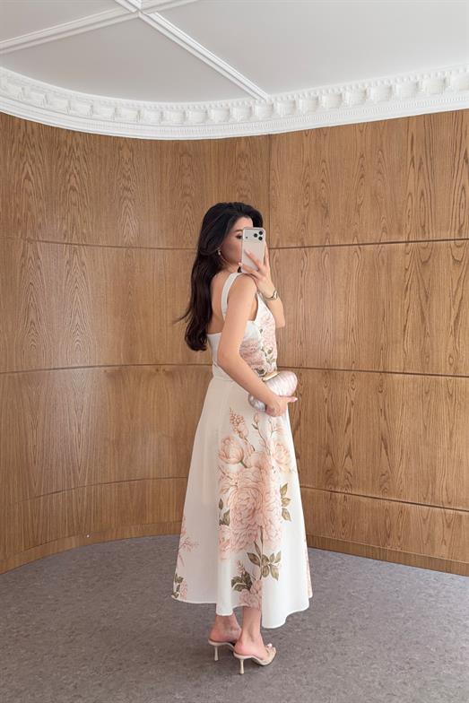 Soft Ton Çiçek Desenli Crop Bluz-Etek Takım