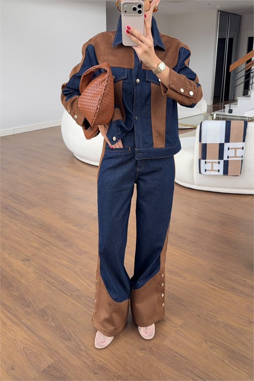 Süet Garnili Denim Takım