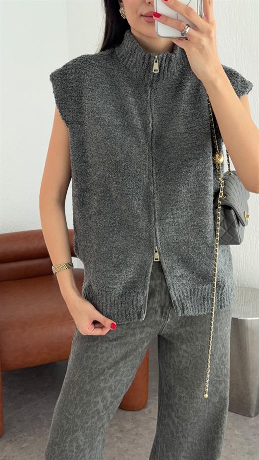 T Kol Çift Fermuarlı Antrasit Yelek