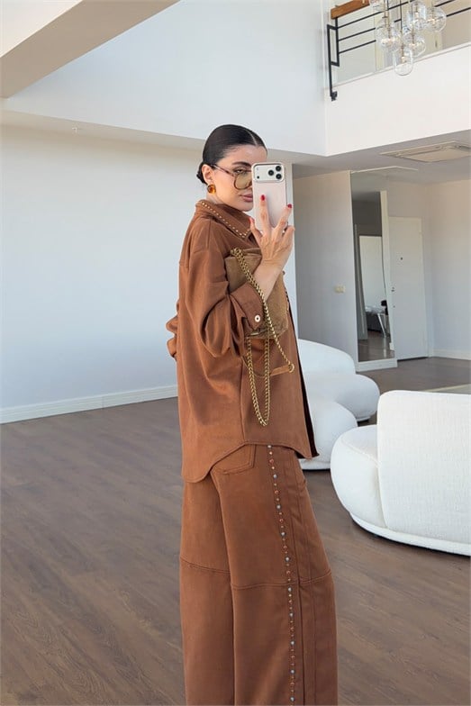 Taba Renk Zımbalı Süet 3lü Takım