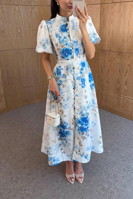 Taş Düğmeli Mavi Floral Keten Elbise