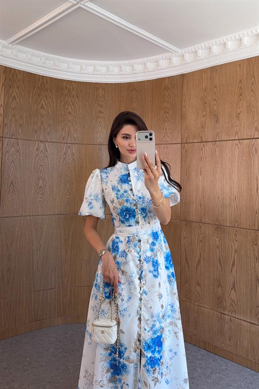 Taş Düğmeli Mavi Floral Keten Elbise