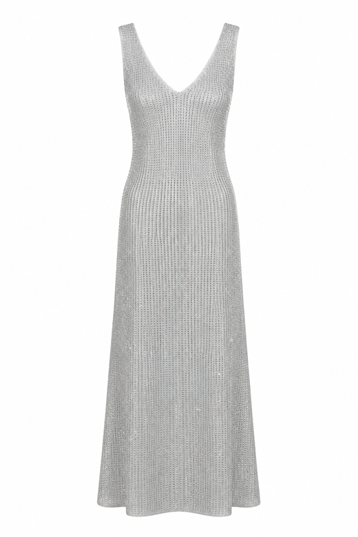Taş İşlemeli V Yaka Uzun Triko Gri Elbise