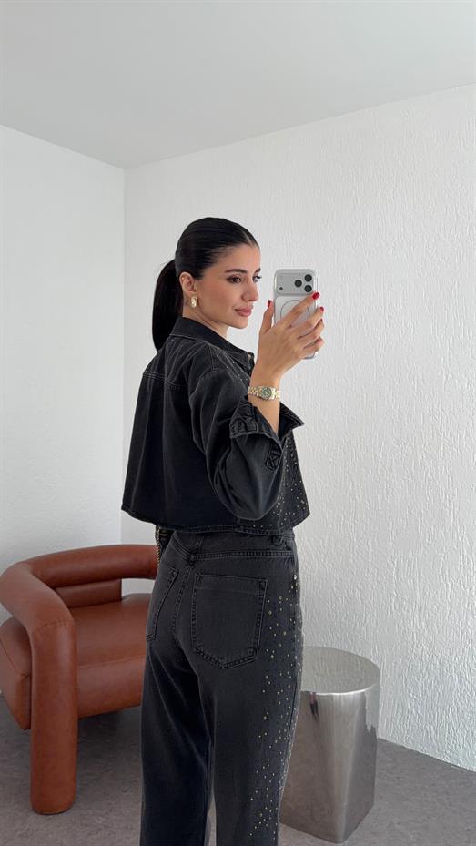 Taşlı Antrasit Denim Ceket