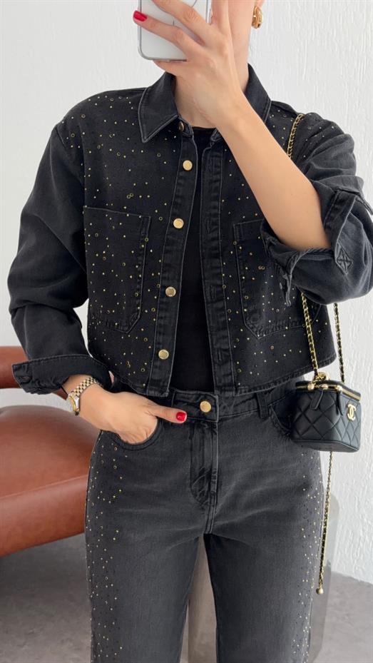 Taşlı Antrasit Denim Ceket