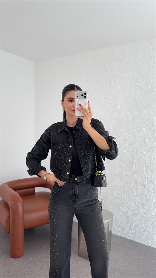 Taşlı Antrasit Denim Ceket