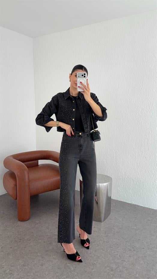 Taşlı Antrasit Jean