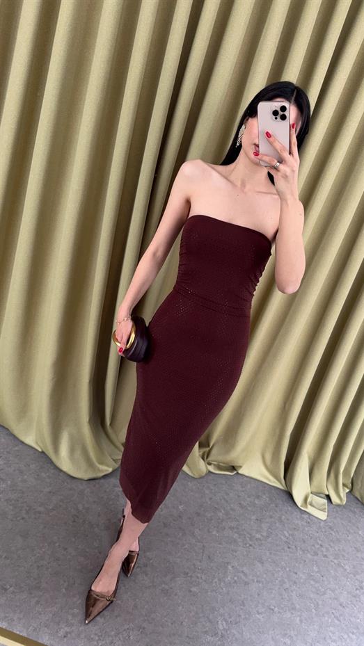 Taşlı Straplez Kahverengi Elbise