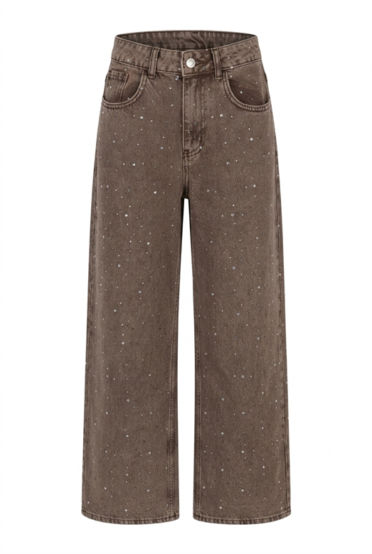 Taşlı Yıkamalı Kahve Wide Leg Jean
