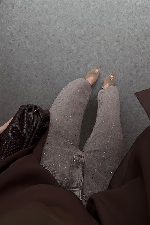 Taşlı Yıkamalı Kahve Wide Leg Jean