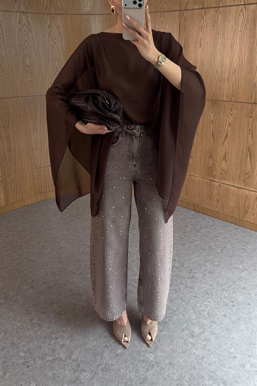 Taşlı Yıkamalı Kahve Wide Leg Jean