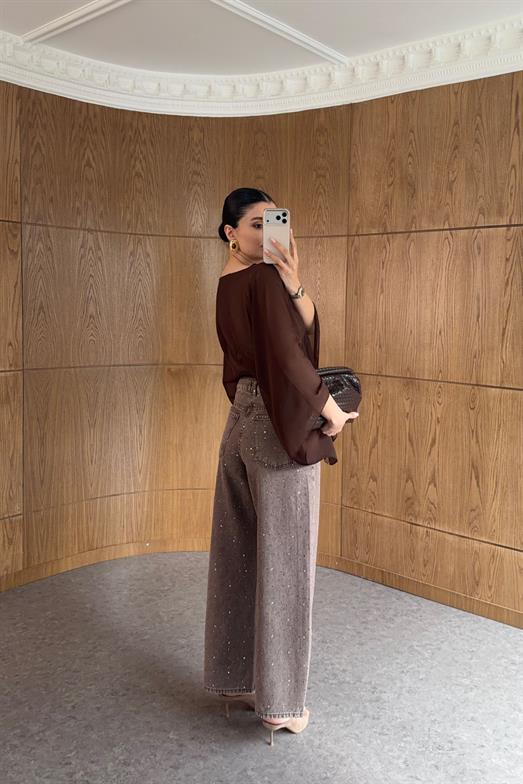 Taşlı Yıkamalı Kahve Wide Leg Jean