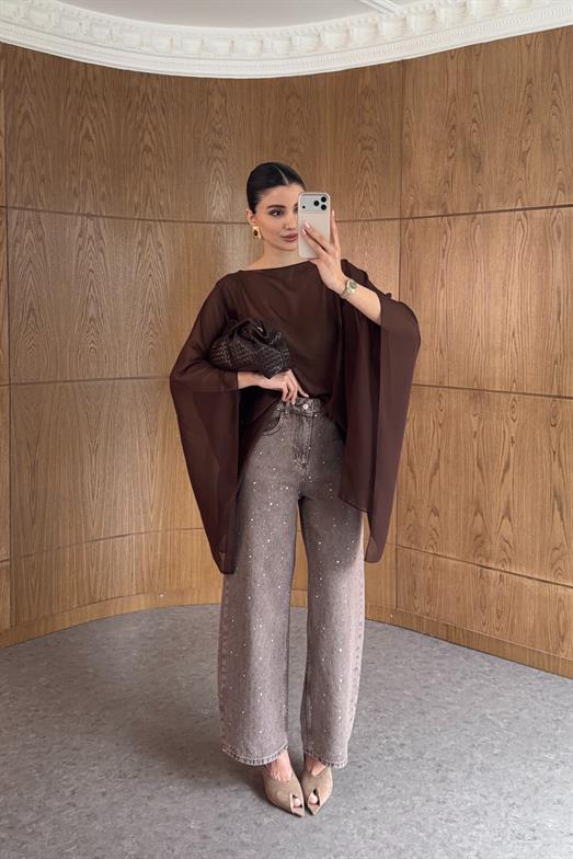 Taşlı Yıkamalı Kahve Wide Leg Jean