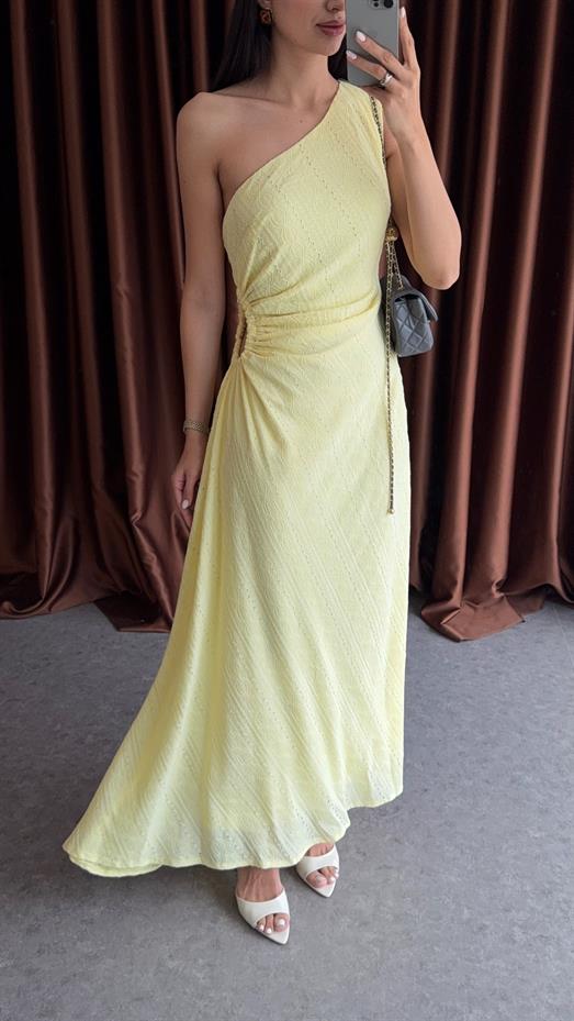 Tek Omuz Bel Detaylı Sarı Elbise