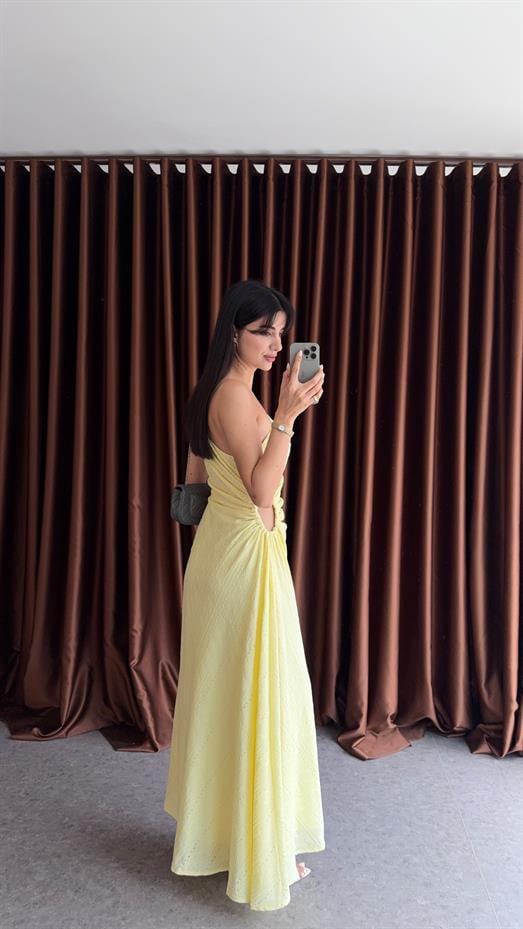 Tek Omuz Bel Detaylı Sarı Elbise