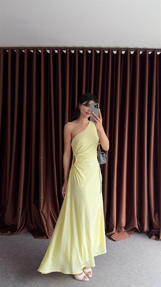 Tek Omuz Bel Detaylı Sarı Elbise