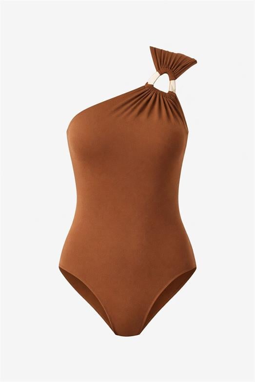 Tek Omuz Gold Tokalı Açık Kahve Bodysuit
