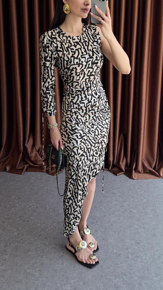 Tek Omuz Siyah Desenli Elbise