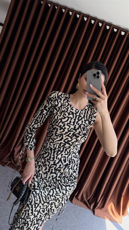 Tek Omuz Siyah Desenli Elbise