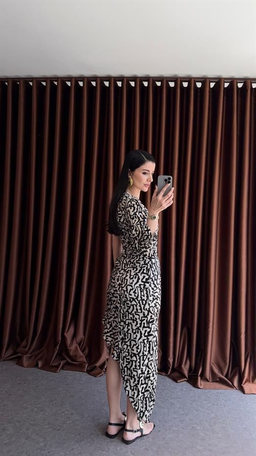 Tek Omuz Siyah Desenli Elbise