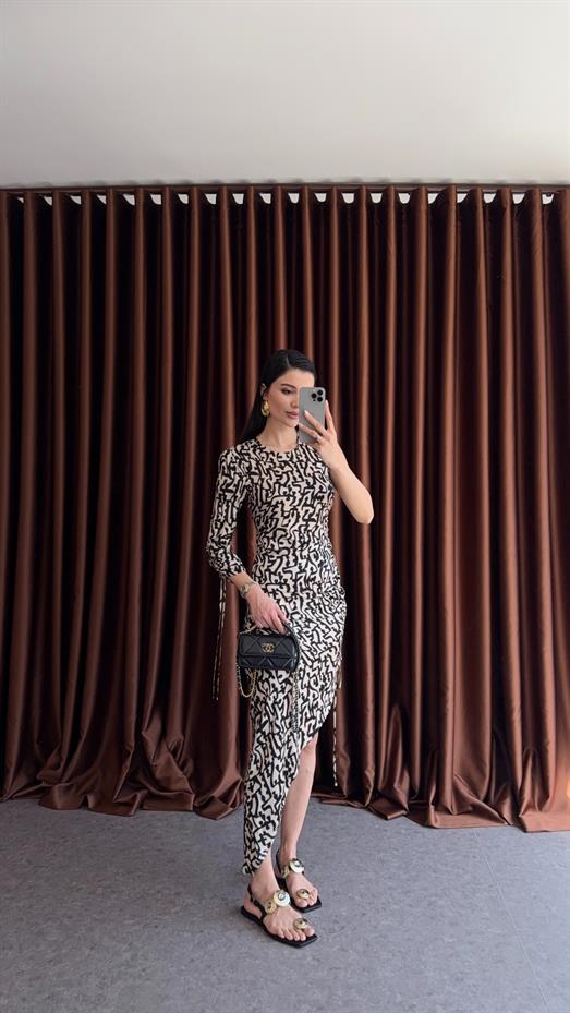 Tek Omuz Siyah Desenli Elbise