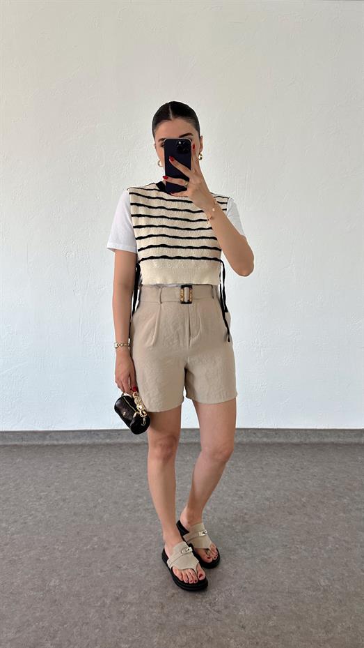 Tensel Kemerli Krem Şort