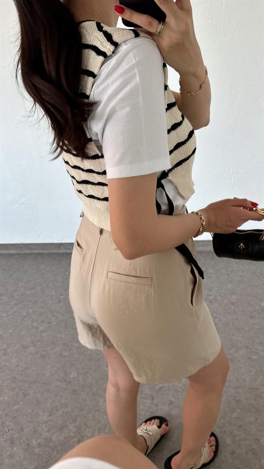 Tensel Kemerli Krem Şort