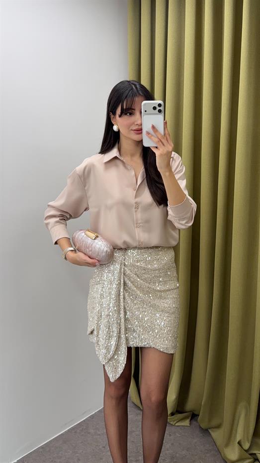 Tok Doku Saten Şampanya Gömlek