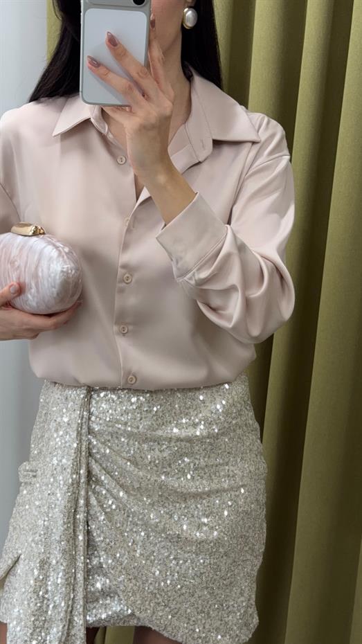 Tok Doku Saten Şampanya Gömlek