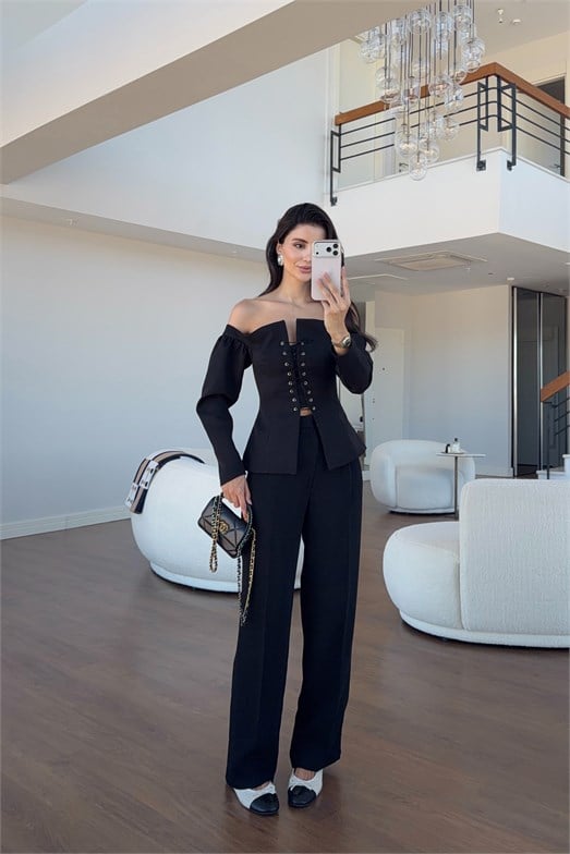 Tok Doku Siyah Premium Palazzo Pantolon