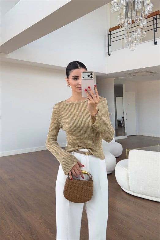 Transparan Gold Uzun kollu Bluz