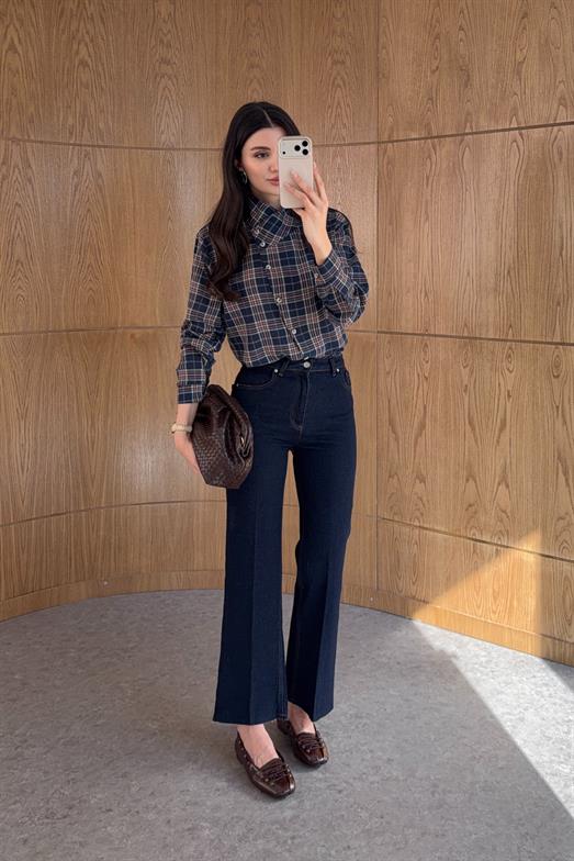 Ütü Çizgili Flare Koyu Lacivert Jean