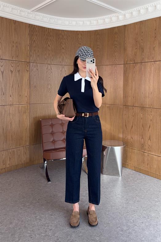 Ütü Çizgili Kemerli Skater Koyu Lacivert Jean