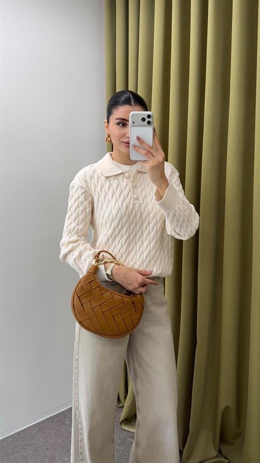 Uzun Kollu Ekru Örgü Triko