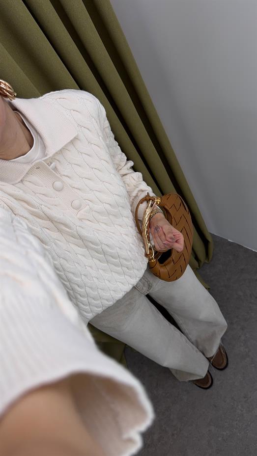 Uzun Kollu Ekru Örgü Triko