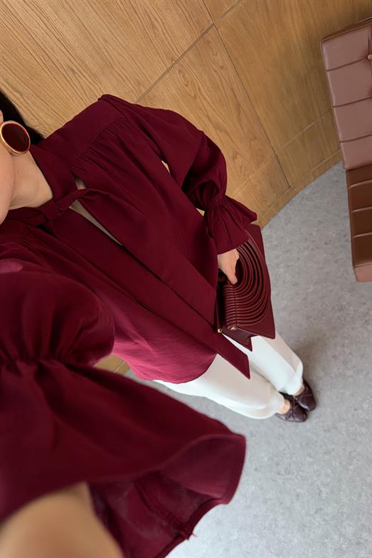 V Yaka Boyun Bağlamalı Bordo Bluz