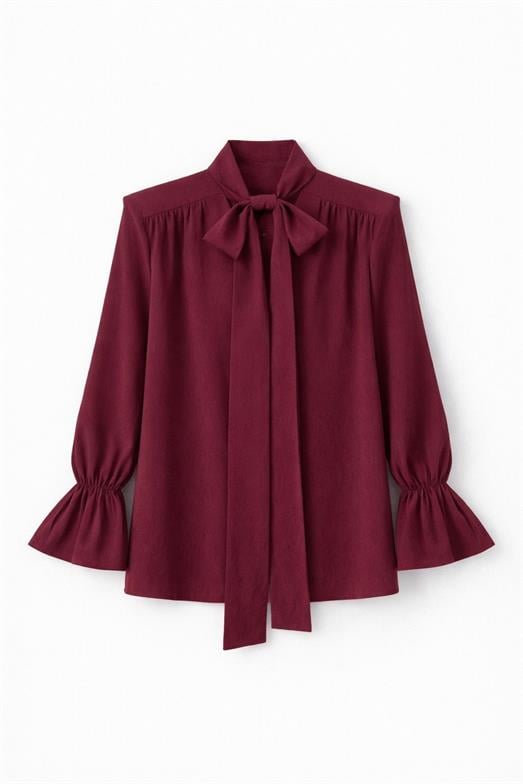 V Yaka Boyun Bağlamalı Bordo Bluz