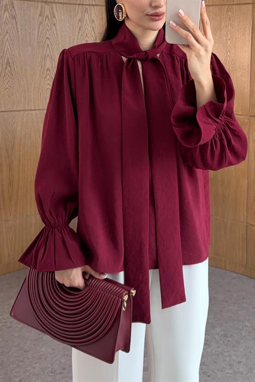 V Yaka Boyun Bağlamalı Bordo Bluz
