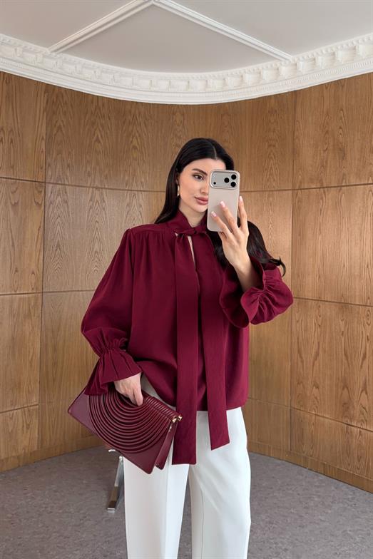 V Yaka Boyun Bağlamalı Bordo Bluz