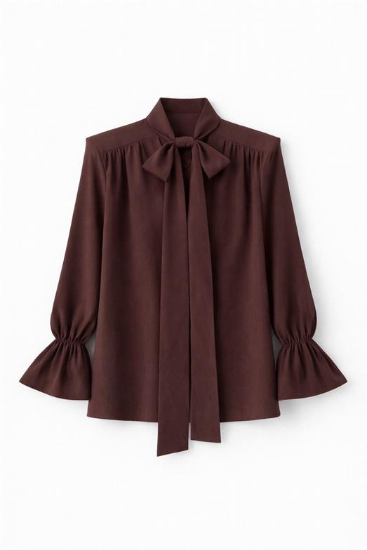 V Yaka Boyun Bağlamalı Kahve Bluz