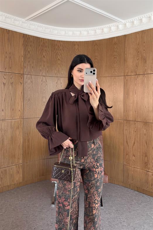 V Yaka Boyun Bağlamalı Kahve Bluz