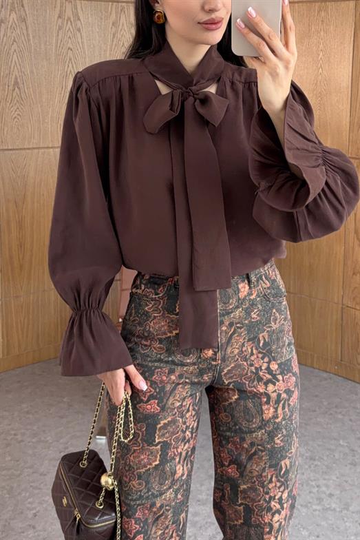 V Yaka Boyun Bağlamalı Kahve Bluz