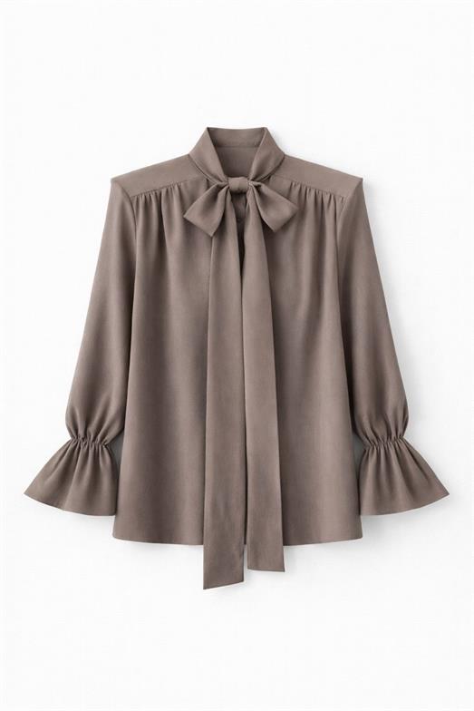 V Yaka Boyun Bağlamalı Vizon Bluz