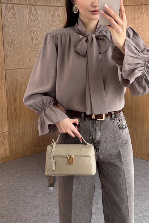 V Yaka Boyun Bağlamalı Vizon Bluz